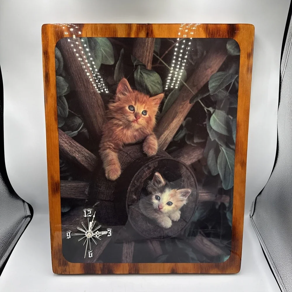 Vtg Wood Framed Wall Clock Kittens Cats WORKS 20x16 Brown Decorative Collectible